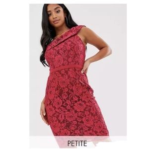 Little Mistress PETITE one shoulder midi dress all over pink lace